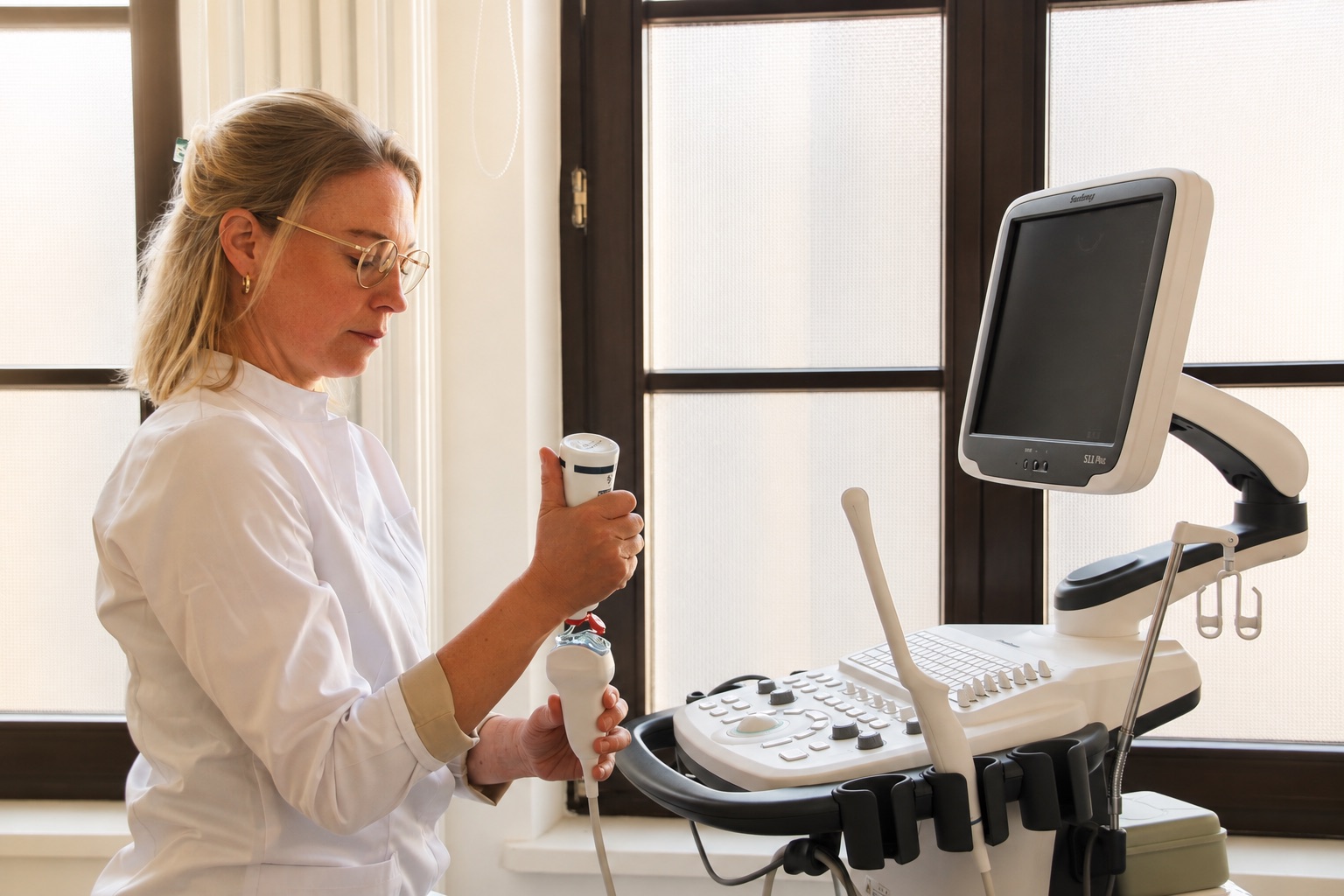 Dr. med. Karina Stolp am Ultraschallgerät im Sprechzimmer